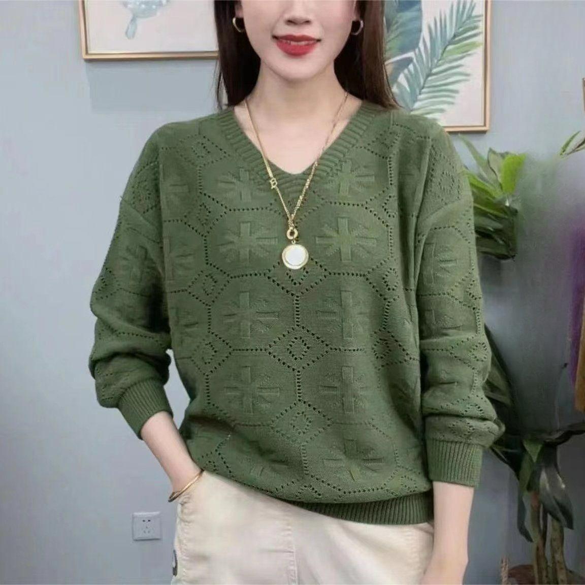 

Модная блузка-свитер в западном стиле с V-образным вырезом, ажурная, тонкая, с темпераментом, универсальная, с длинным рукавом, осенняя XXXL темно-зеленого