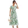 Cross-Border Holiday Style Coconut Tree Print V-neck Puff Sleeve Elastic Waist Hugging Slimming Patchwork Short Sleeve Dress Long Dress Women