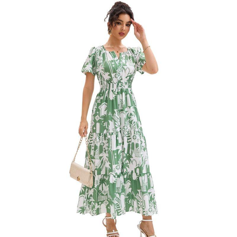 Cross-Border Holiday Style Coconut Tree Print V-neck Puff Sleeve Elastic Waist Hugging Slimming Patchwork Short Sleeve Dress Long Dress Women