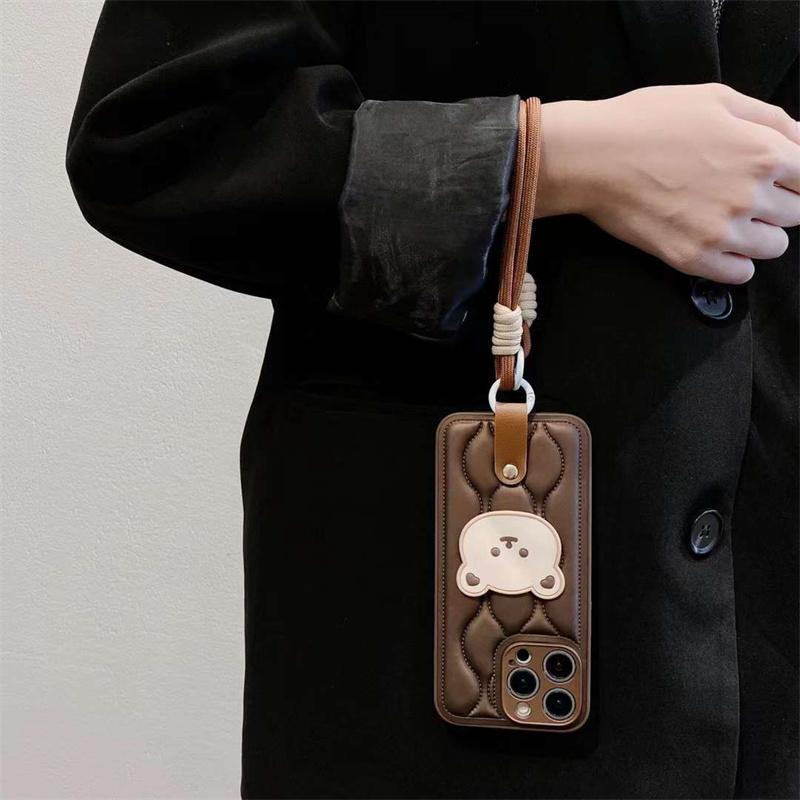 Cute Bear Wristband Lanyard Down Jacket Phone Case For iPhone 15 14 13 12 11 Pro Max Korea Soft Cover
