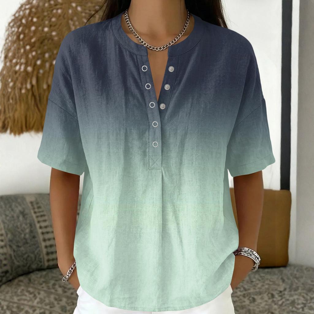 Women Short Sleeve Pullover Blouse V Neck Button Front Casual Loose Fit Lightweight Summer Top