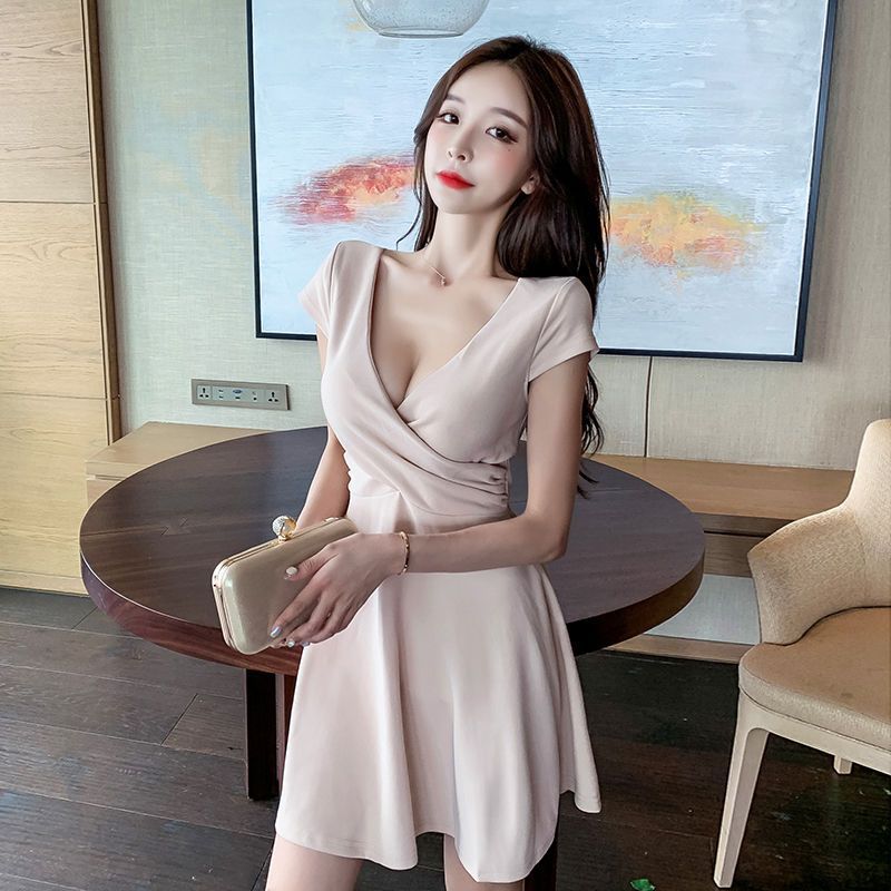 Nightclub women's clothing fashion deep v low-cut waist to cover the belly a-word skirt temperament backless small pendulum skirt night sexy dress