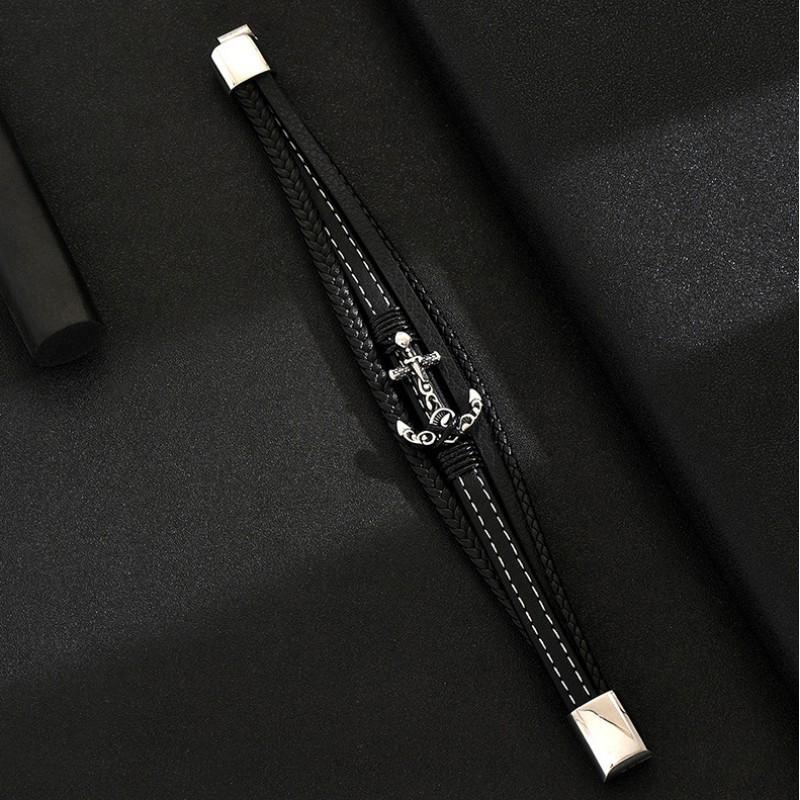 Personalized Fashion Retro Leather Stainless Steel Bracelet Multi Layer Braided Rope Black Series Men's
