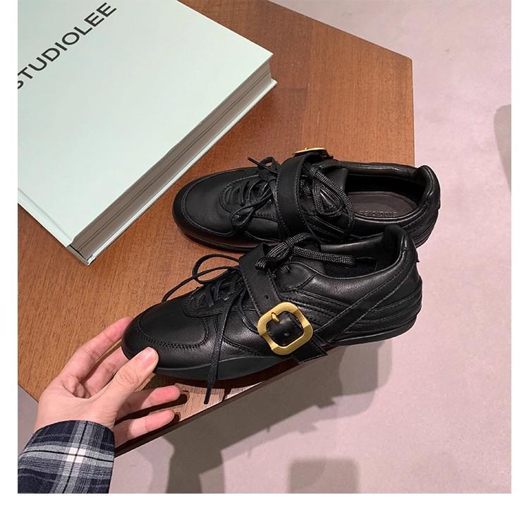 Women's 2025 Genuine Leather Retro Lace-up Ballet Flats with Metal Buckle and Soft Sole