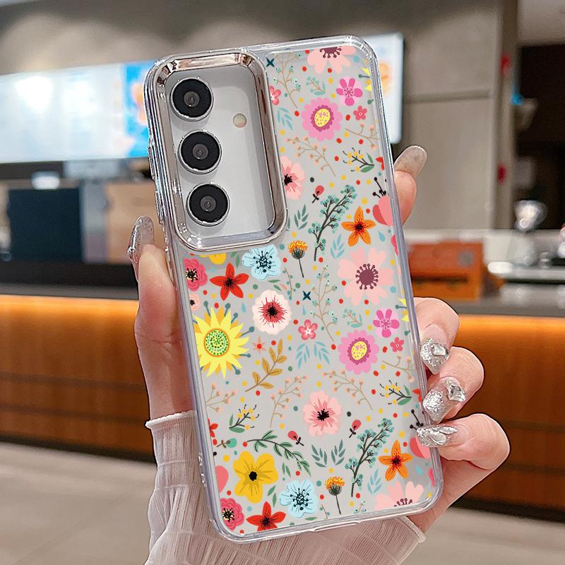 White Flower Pattern Case For Samsung S26 S25 Ultra S24 FE S23 Plus S22 S21 A15 A16 A17 A35 A36 A37 A54 A55 A56 A57 5G Plating Lens Soft Cover