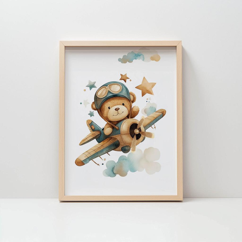 Poster Flying Bear Pilot Poster Flying Bear Pilot, 50X70 Cm, Frame Wooden Light Oak, Paper Matte 230 Gsm