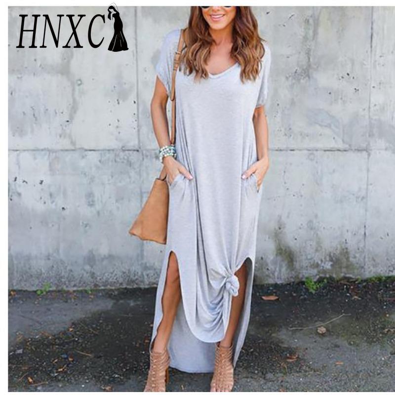 HNXC Sexy dámské šaty nadměrné velikosti 5XL letní jednobarevné ležérní maxi šaty s krátkým rukávem pro ženy dlouhé šaty dámské šaty