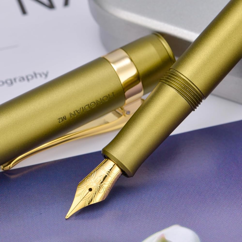 Hongdian M2 Mini Fountain Pen, Olive Green, Fine Nib, Soft Tip, Aluminum, Slim Pocket Travel Pen