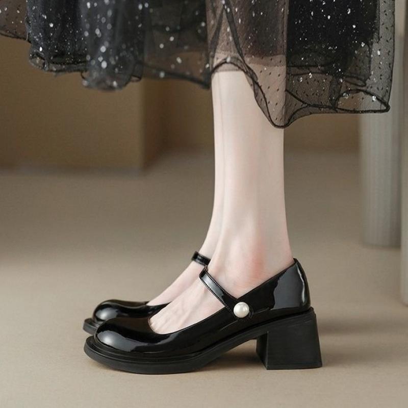 Versatile Round Toe Chunky Heel British Style Black Retro Small Leather Shoes for Women New Shallow Mouth French Mary Jane Shoes