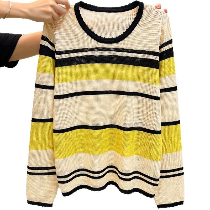 Jesienno-zimowy sweter dzianinowy z kontrastowymi paskami i ażurowym wzorem, z długim rękawem, damski sweter bazowy