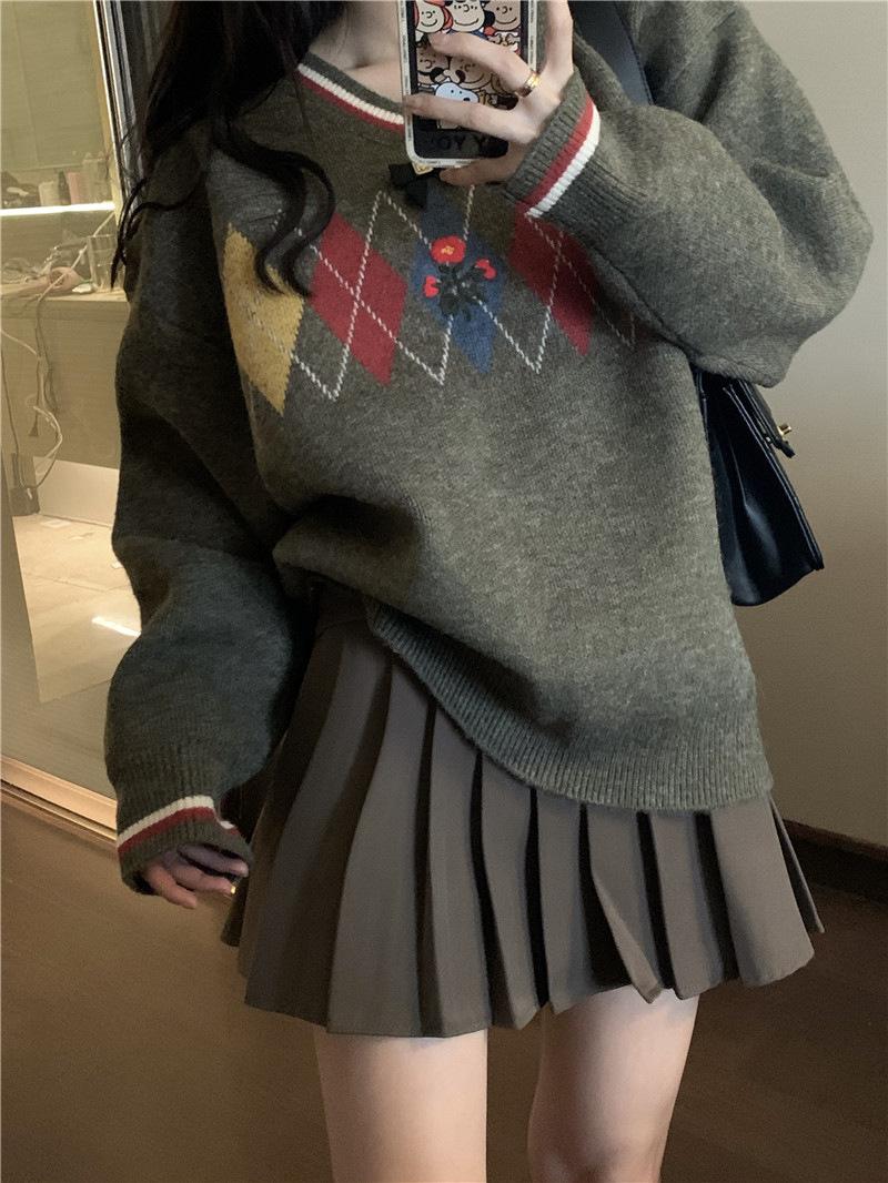 

Ретро-ромбический пуловер женский осенне-зимний с длинными рукавами и V-образным вырезом вязаный свитер свободный топ One Size