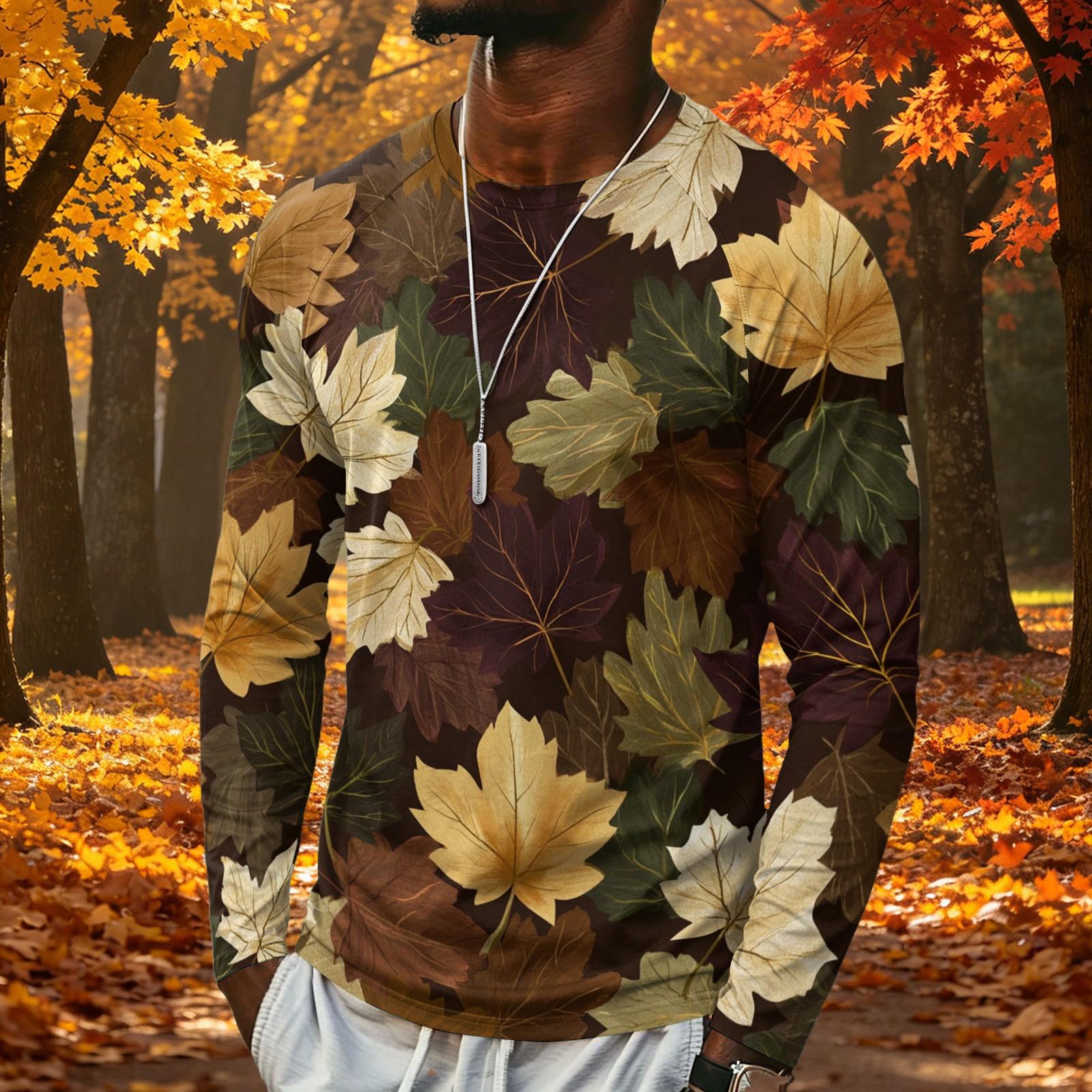 Men s Long Sleeve Maple Leaf Print Tee, Lightweight Round Neck Casual Top for Fall and Winter S
