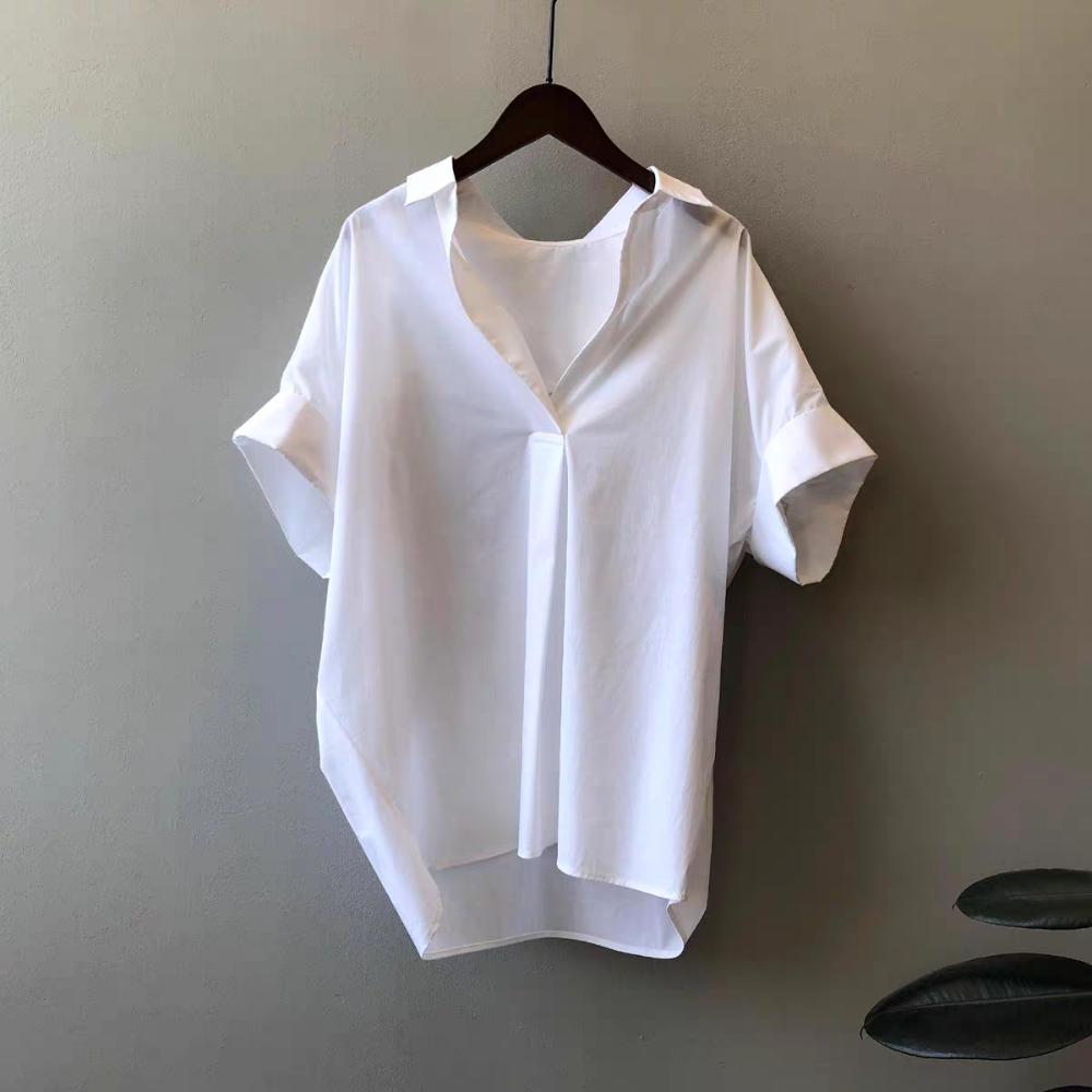

V-neck Short Sleeve Blouse Crop Top Basic Tees Shirts Women Fashion Flip Collar T-shirt Female L белый