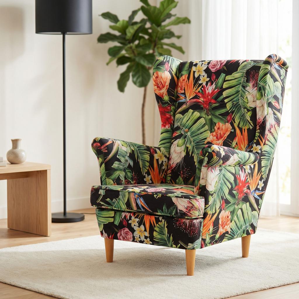 Ohrensessel Flowers Print mit gemustertem Veloursbezug im skandinavischen Stil – Family Meble