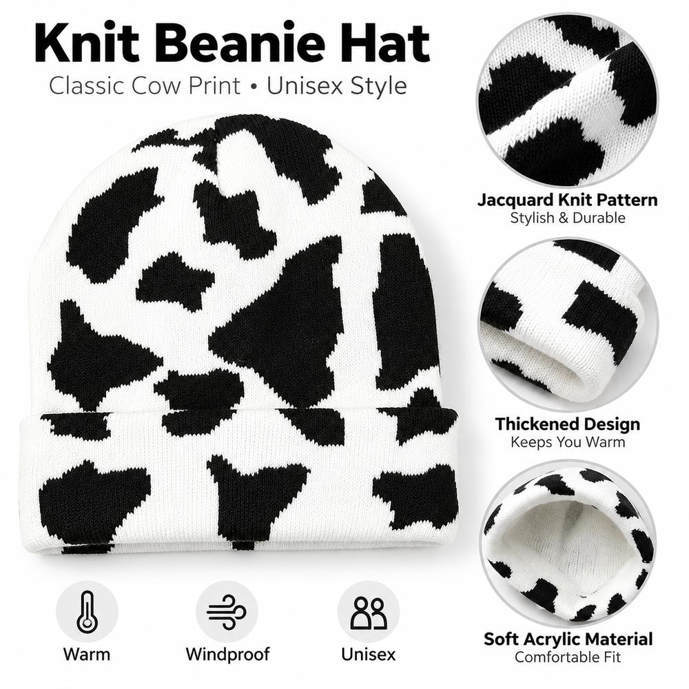 Cow Print Knitted Hat Windproof Warm Hat New Street Cap Unisex