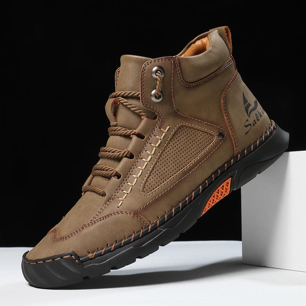 Large-size men's high-top leather boots Hand-stitched ankle boots Flat-soled lace-up casual shoes