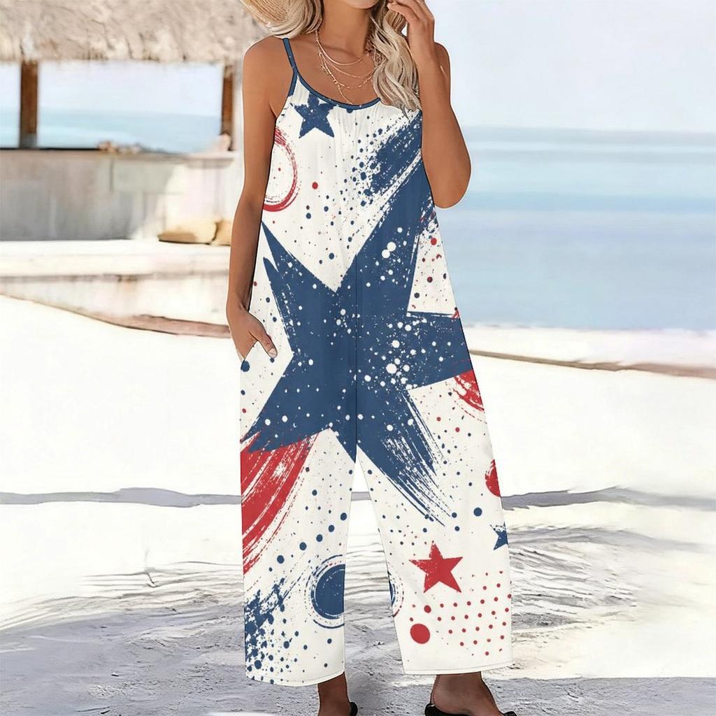 Women Spaghetti Strap Jumpsuit Rainbow Heart Star Print Wide Leg Pants With Pockets