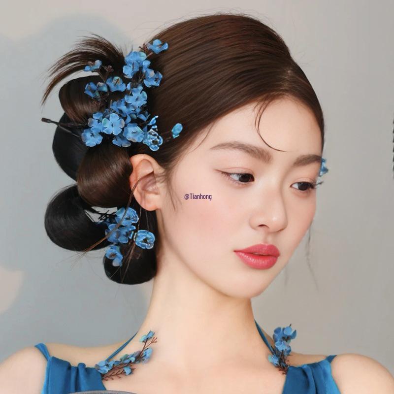 Blue Flower Bridal Headpiece - New Chinese Mori Style for Morning and Evening Gowns