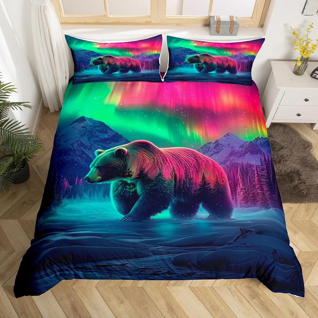 Rustic Bear Duvet Cover Twin Queen Size, Hunting Wild Animal Comforter Cover Wildlife Bedding Set for Kids Teens Adult Bedroom
