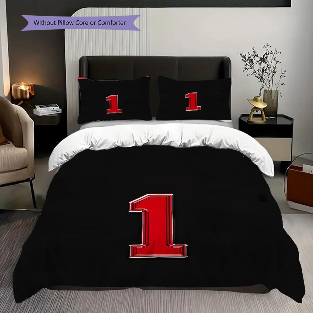 Red and Black Sports Jersey Number Bedding, Duvet Cover, Pillowcase, Home Decoration, Birthday Gift (1 * Duvet Cover+2 * Pillowcase, Coreless)