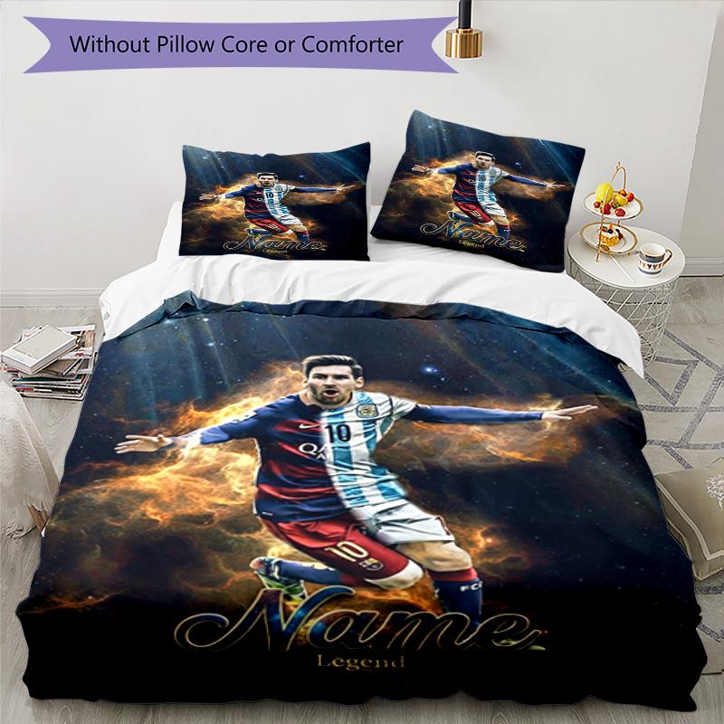 Messi Football Legend Flames Personalized Name Bedding Set,Premium Bed Linen for Bedroom Home Decoration,Perfect Collectible Gift for Messi Fans,Easy