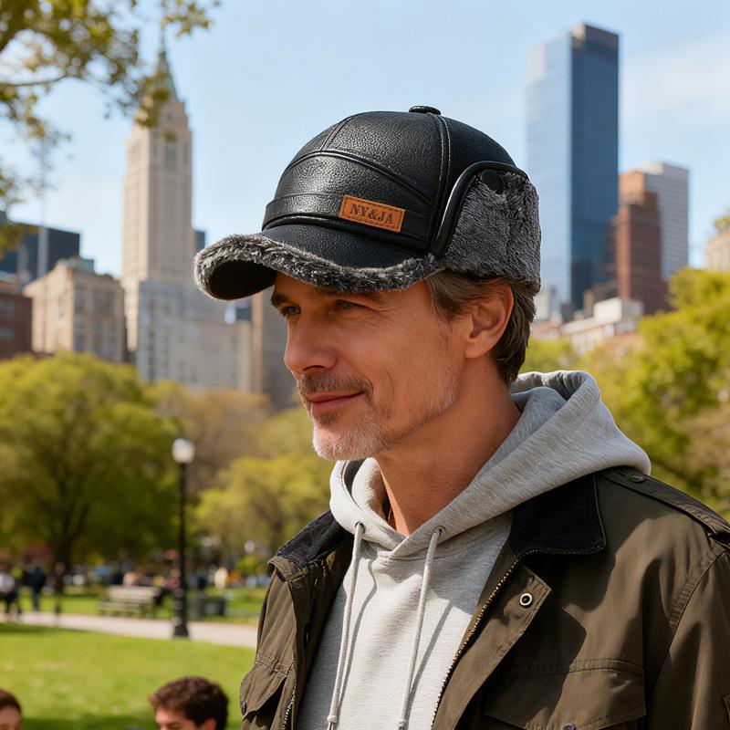 Férfi Őszi Téli Vastag Meleg Fülvédős Bőr Sapka Középkorú és Idős Pamut Sapka Apa Sapkája Hidegálló Sapka