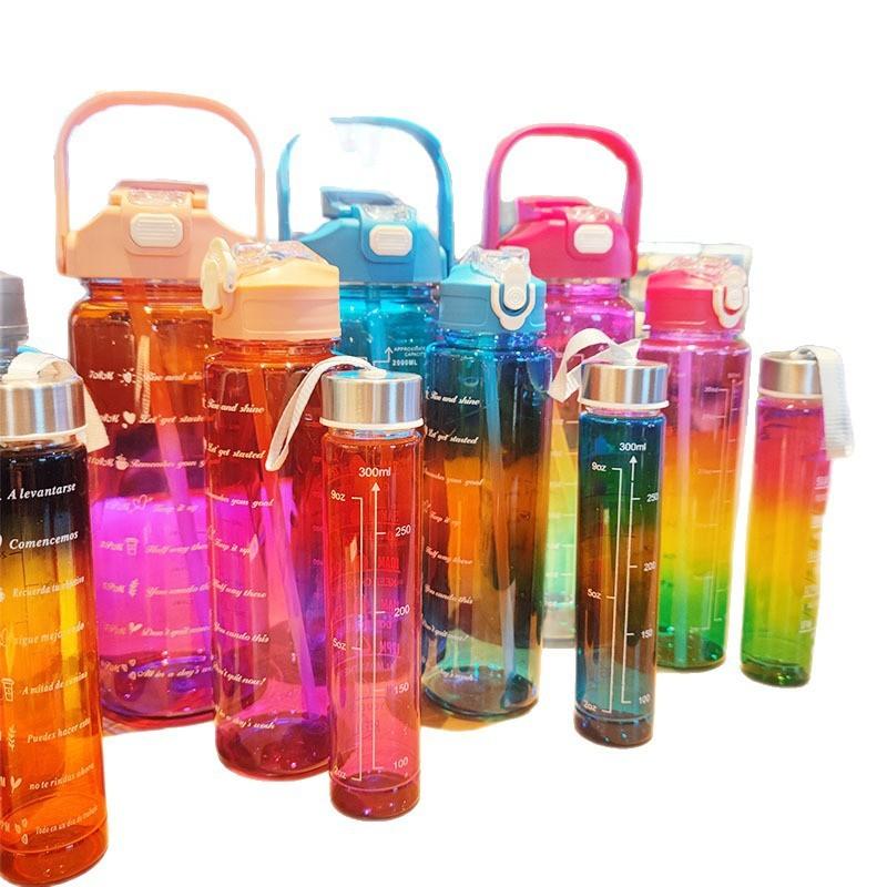 Plastic Cup Set Large Capacity Sports Water Bottle With Straws For Outdoor Fitness And Travel