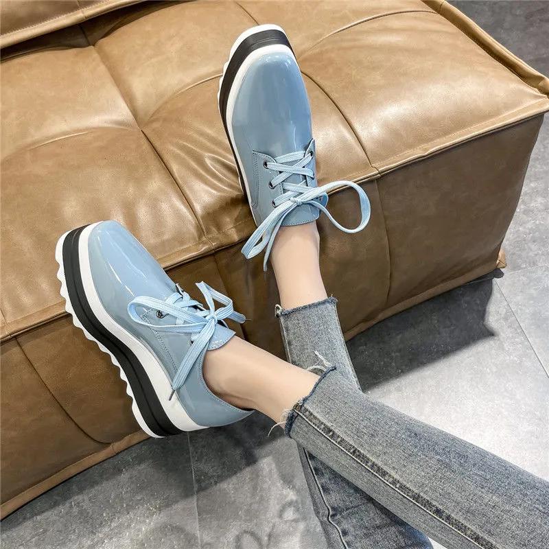Women's 41-Size British-Style Patent Leather Lace-Up Loafers - Wedge-Heeled Platform, Thick-Soled