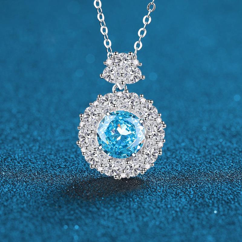 High-End S925 Sterling Silver Ice Flower Cut Aquamarine Multicolor Necklace with High Carbon Diamond S925 Silver