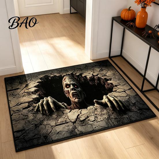 3D Optical Illusion Rug Skeleton Halloween Rug, Spooky Entrance Depth Soft Crystal Velvet Carpet Pattern Non-Slip Floor Mat for Living Room