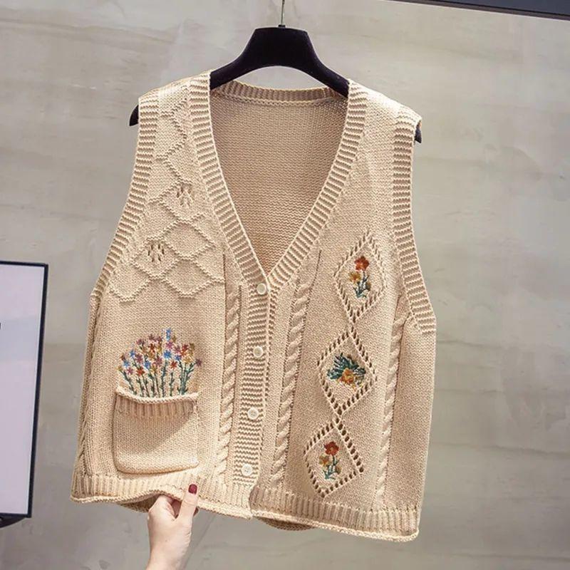Women's Autumn and Winter Knitted Hollow-Out Embroidered Vest Cardigan Loose Versatile Cardigan Gilet Artistic Retro Style