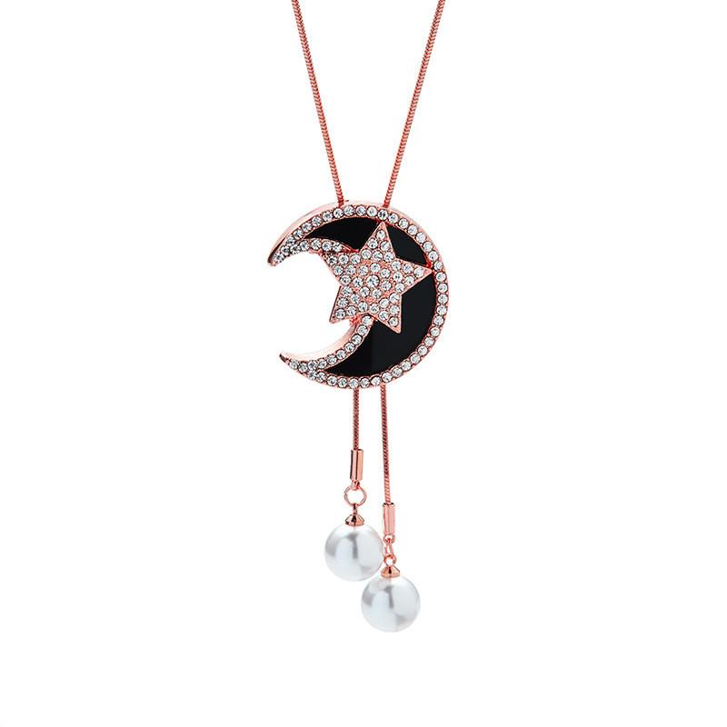 

Rose Gold Elegant And Platinum Long Necklace With Cosmic Star And Moon Charm розового золота