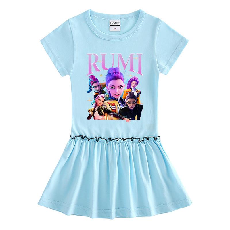 Girls Kpop Rumi Mira Zoey Hunters Print Raglan Sleeves Cotton Dress
