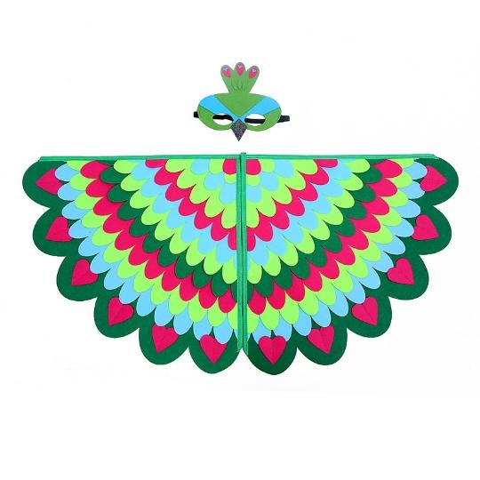 Ensemble Cape Ailes d'Oiseau Animal pour Enfants Costume Filles Ailes en Feutre Paon Perroquet Costumes d'Halloween Cosplay Aile de Papillon 98X50CM green