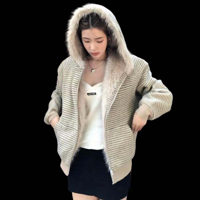ZOSOUL Women's Hooded Striped Padded Jacket