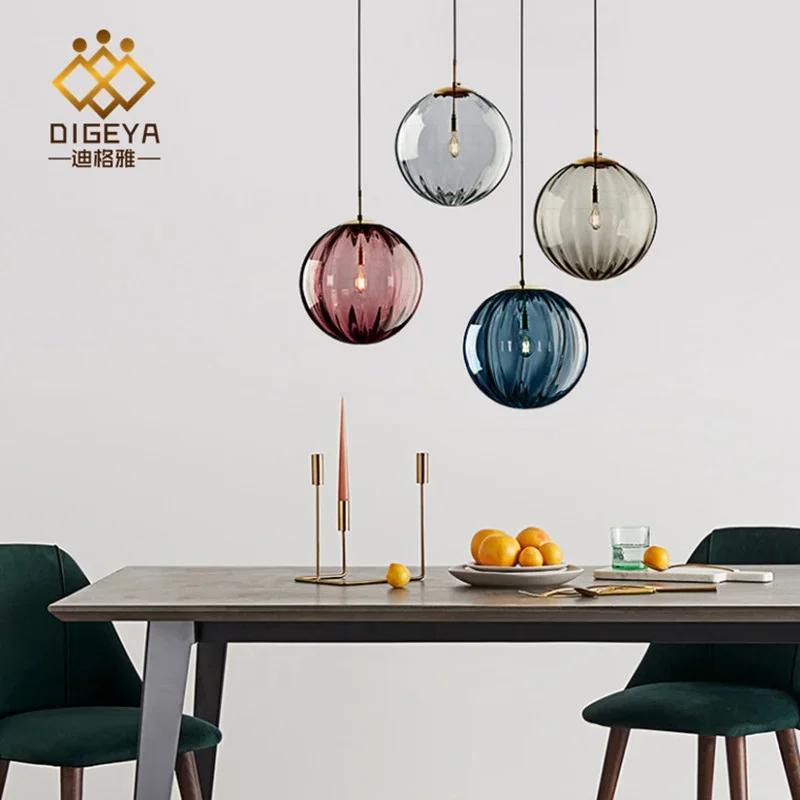 Nordic Colored Glass Ball Lustre Pendant Lights Modern Water Grain Restaurant Kitchen Hanging Light Fixture Bedroom Bedside Lamp