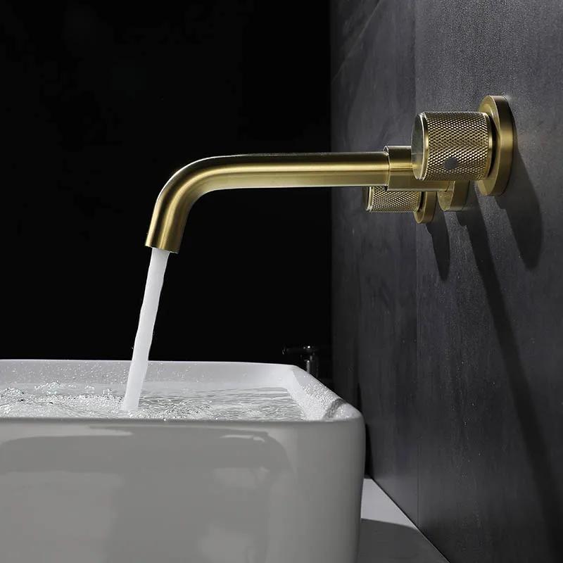 Bathroom Basin Faucet Brushed Gold/Black 2-Handle 3-Hole Wall Mounted Bathroom Sink Faucet Knurling Handle