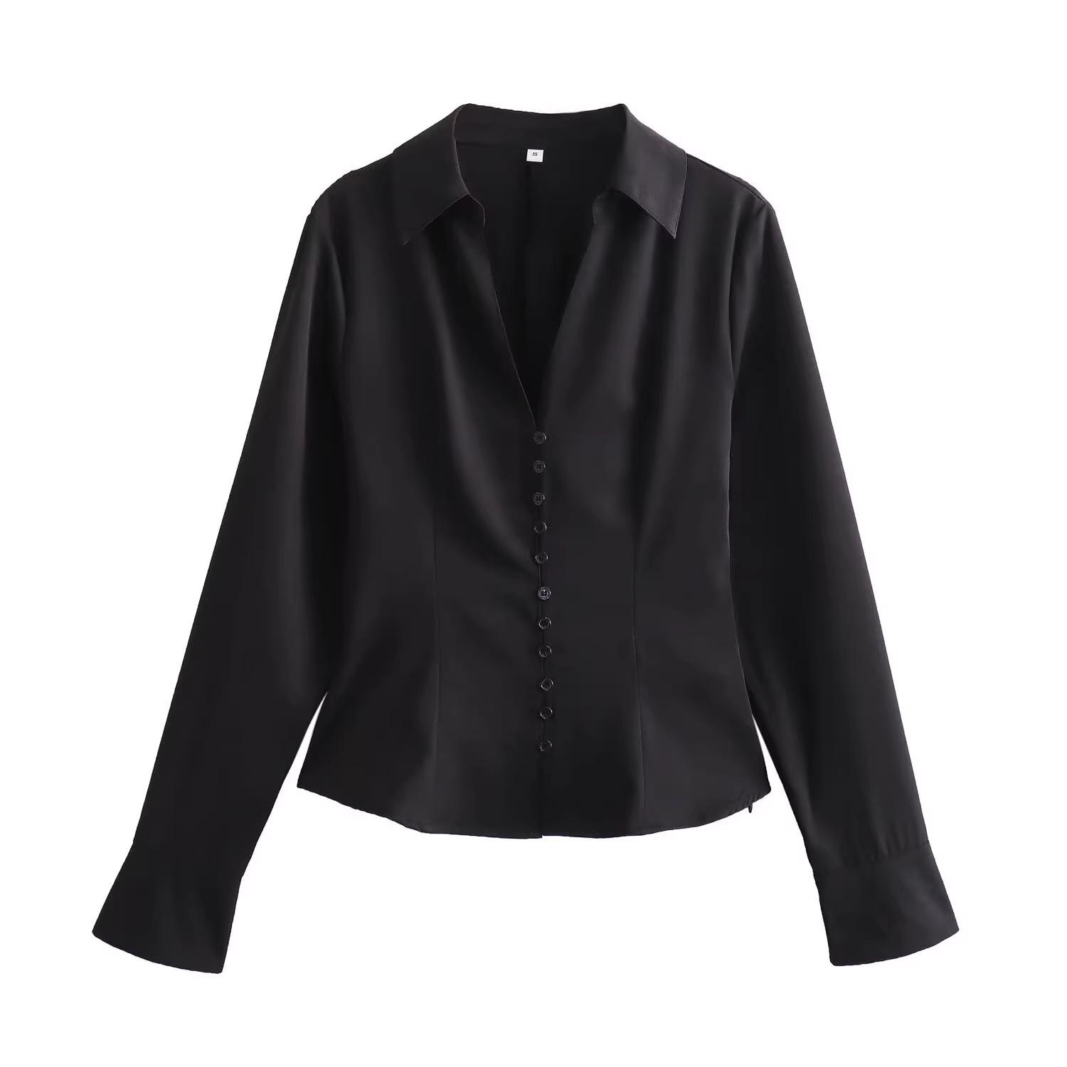 

2024 Winter Women s European & American Style Fashion Casual Black Fitted Button-Down Shirt Large чёрный