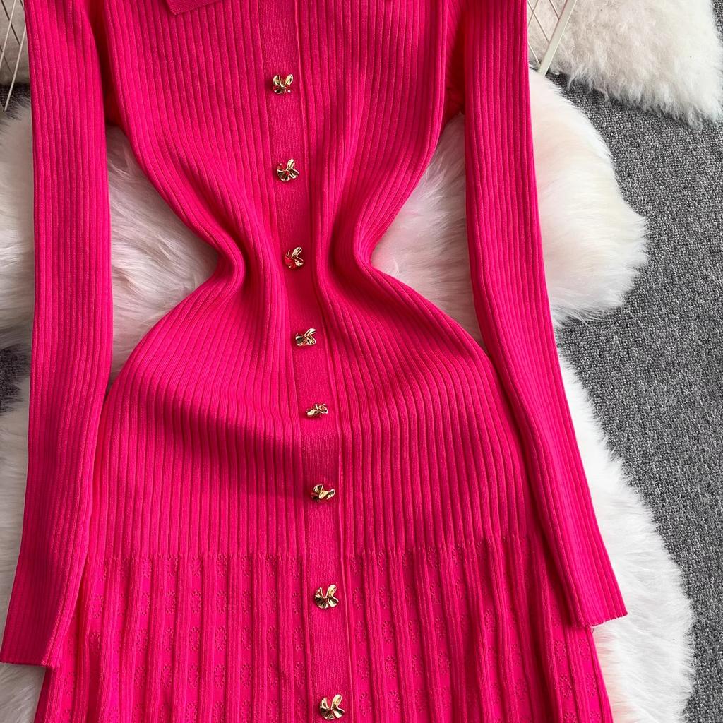 Women Dress Autumn Winter Vintage Turn-down Collar Long Sweater Dress Elegant Office Lady Dresses Chic Party Vestidos