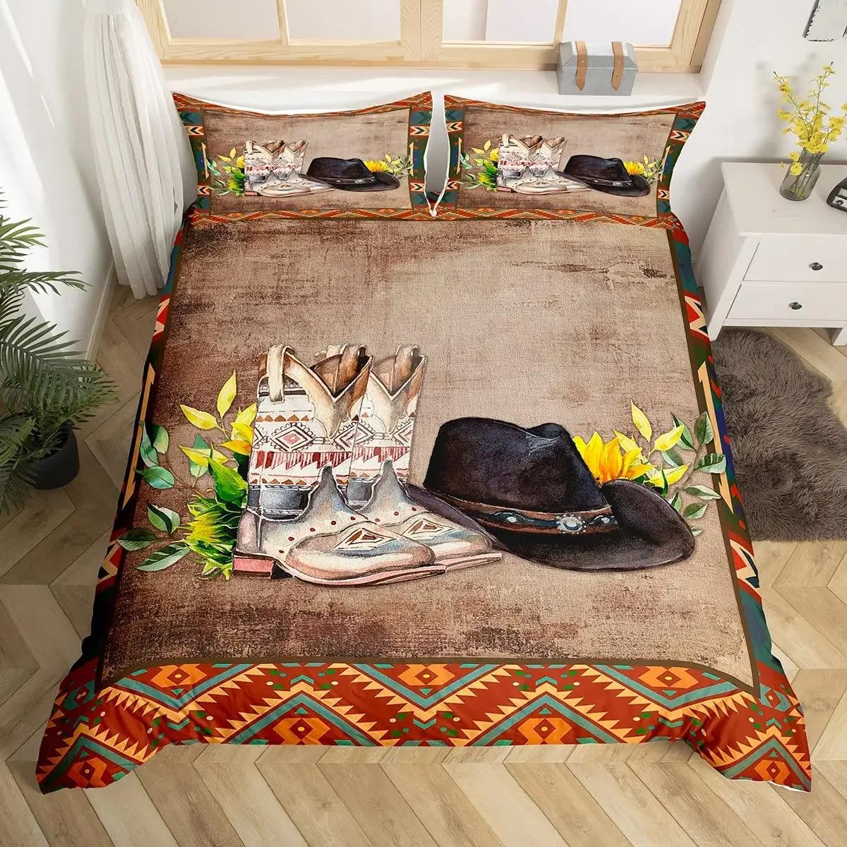 

Comforter Western Cowboy Twin King Cowboys Boots Hat Floral Bedding Set Exotic Farmhouse Cowhide Patchwork Comforter Comforter (quilt)-EU Single(135*200cm)3pcs