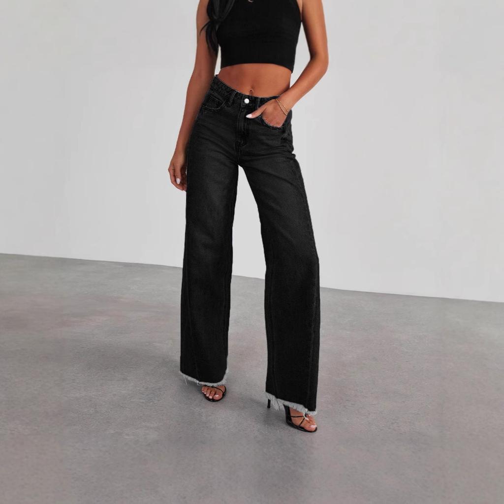Neue Damen Vintage Gewaschene Gerade Bein Jeans, Lockere Passform Breite Beine Bodenlange Denim Hosen für Lässige Streetwear
