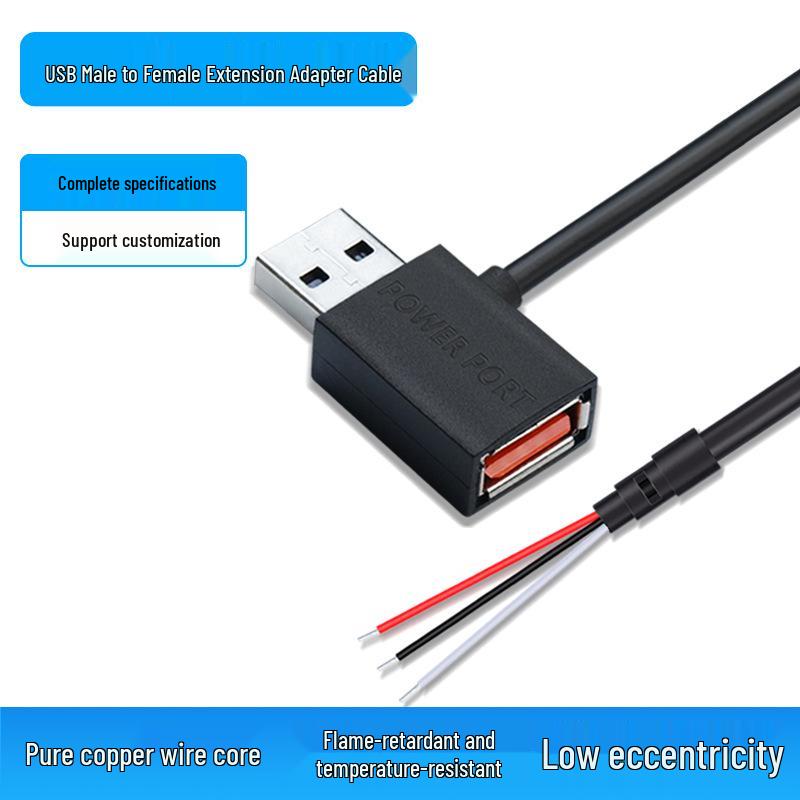 

USB Male to Female Adapter Extension Cable with Tail Clip, 3-Core Solder Tin Pure Copper, Auxiliary Power Supply & Signal Line