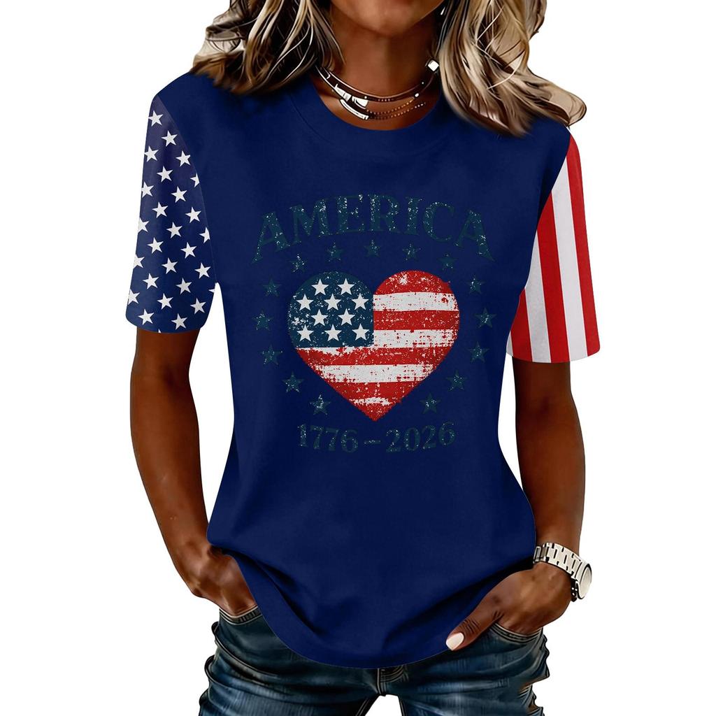 Blusa Feminina da Moda Casual de Manga Curta com Estampa e Gola Redonda