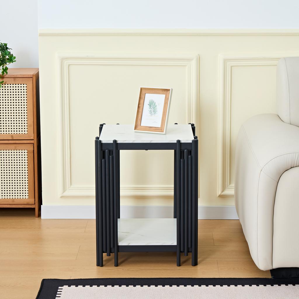 Modern nightstand with 2 shelves, black metal frame, side table in marble look, MDF, for bedroom and hallway, White and Black - H55/W43/D40 cm