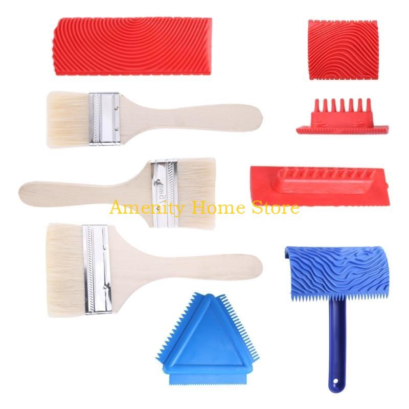F26C 9Pcs Graining Painting Tool Set Rubber Empaistic Graining Pattern Roller