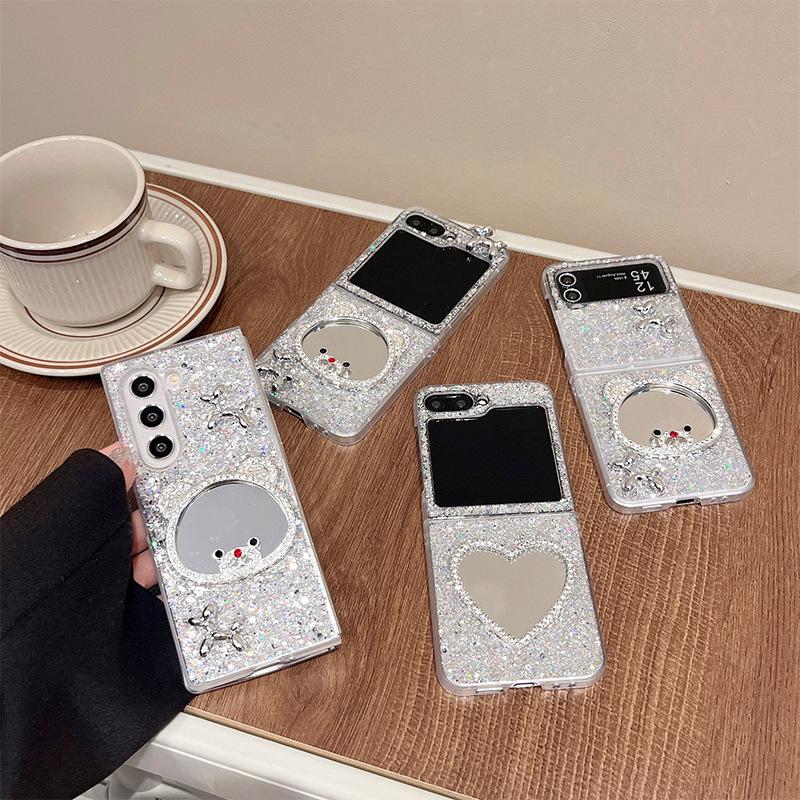 Water Diamond Love Bear Mirror Phone Case for Samsung ZFLP6 Flip Up Folding Screen ZFold 5 Glitter Women