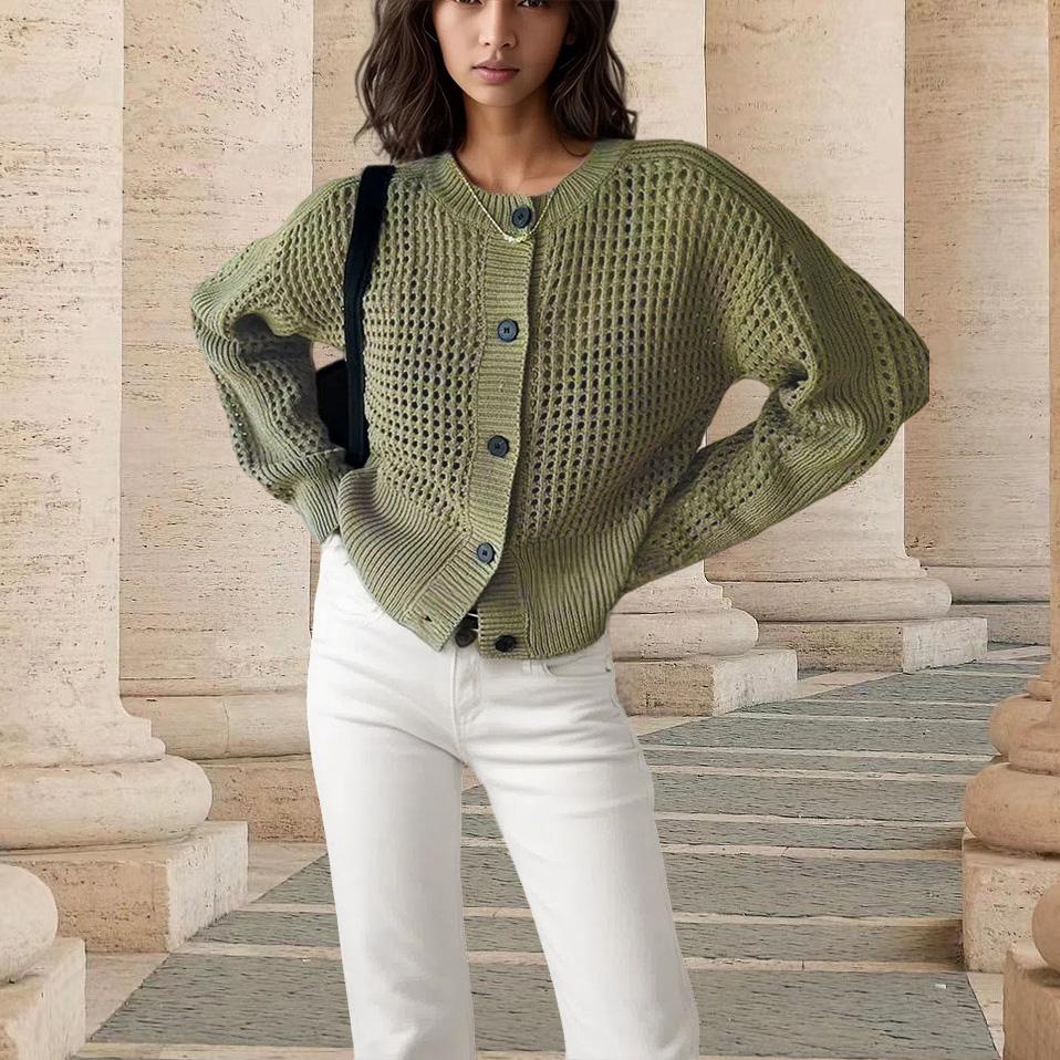 Женский теплый вязаный свитер, кардиган с круглым вырезом, полый пуловер, джемпер с длинным рукавом, вязаный свитер на пуговицах, куртка, верхняя одежда S армия зеленый