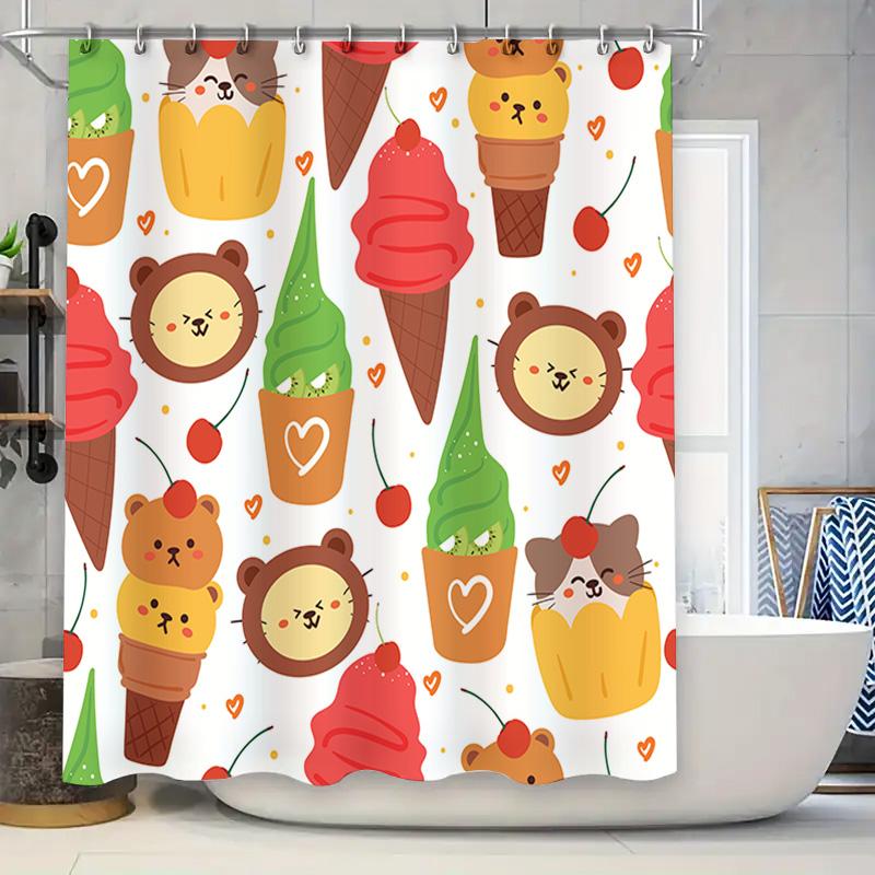

Adorable Animal Ice Cream Shower Curtain Set for Bathroom Decor Cartoon Print Fabric Shower Curtains with Rings included 90x180cm