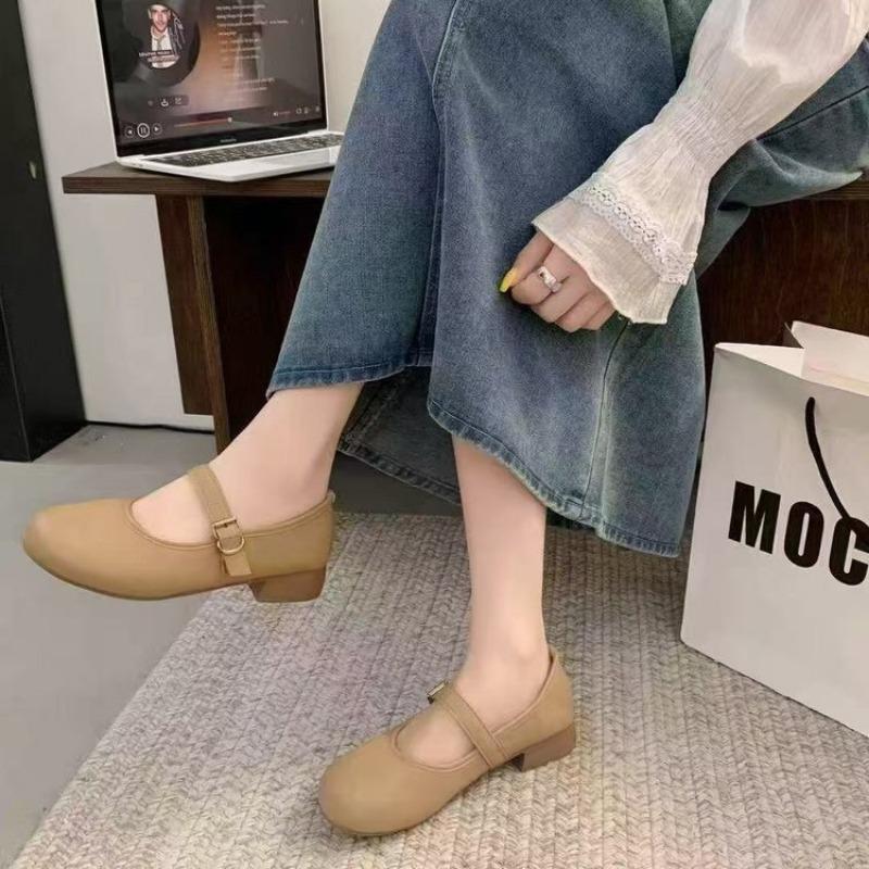 Huge Soft and Easy To Wear Single Shoes Women's Spring and Autumn Round Head Square Buckle Women's Shoes Inner Height Increase Beige Mary Jane Shoes