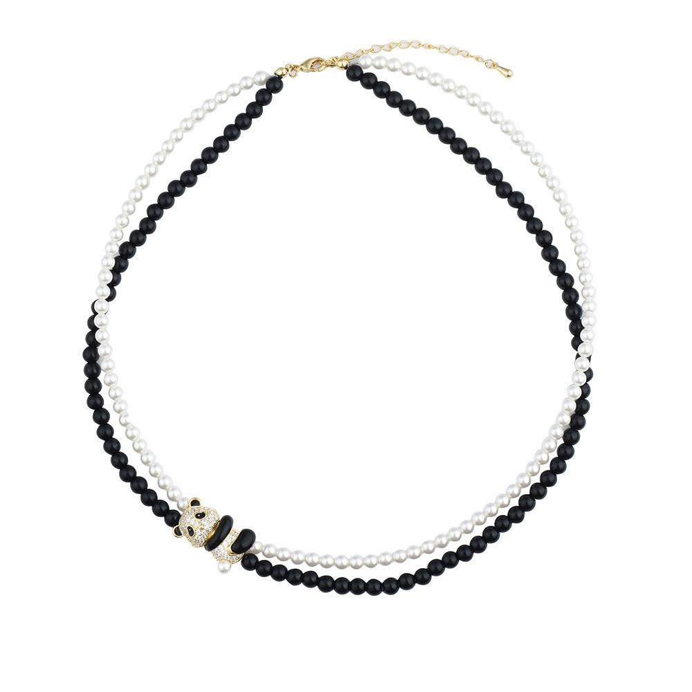 Black And Striking White Crystal Pearl Choker Necklace Featuring Vintage Panda Design For Enthusiasts Fashion